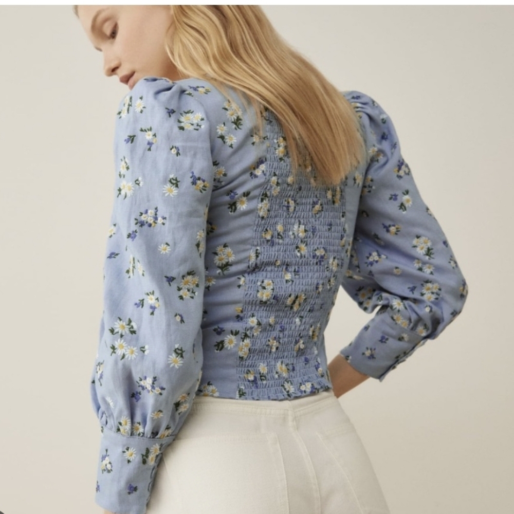 Blue Corset Style Floral Long Sleeve Crop Top - Women's Medium - Picture 4 of 9